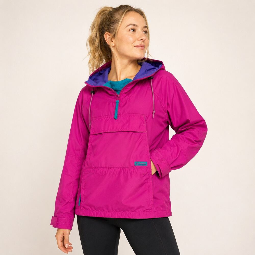 Columbia Jacket Womens Medium Pink Magenta Teal 1/4 Zip Hooded Windbreaker 90s